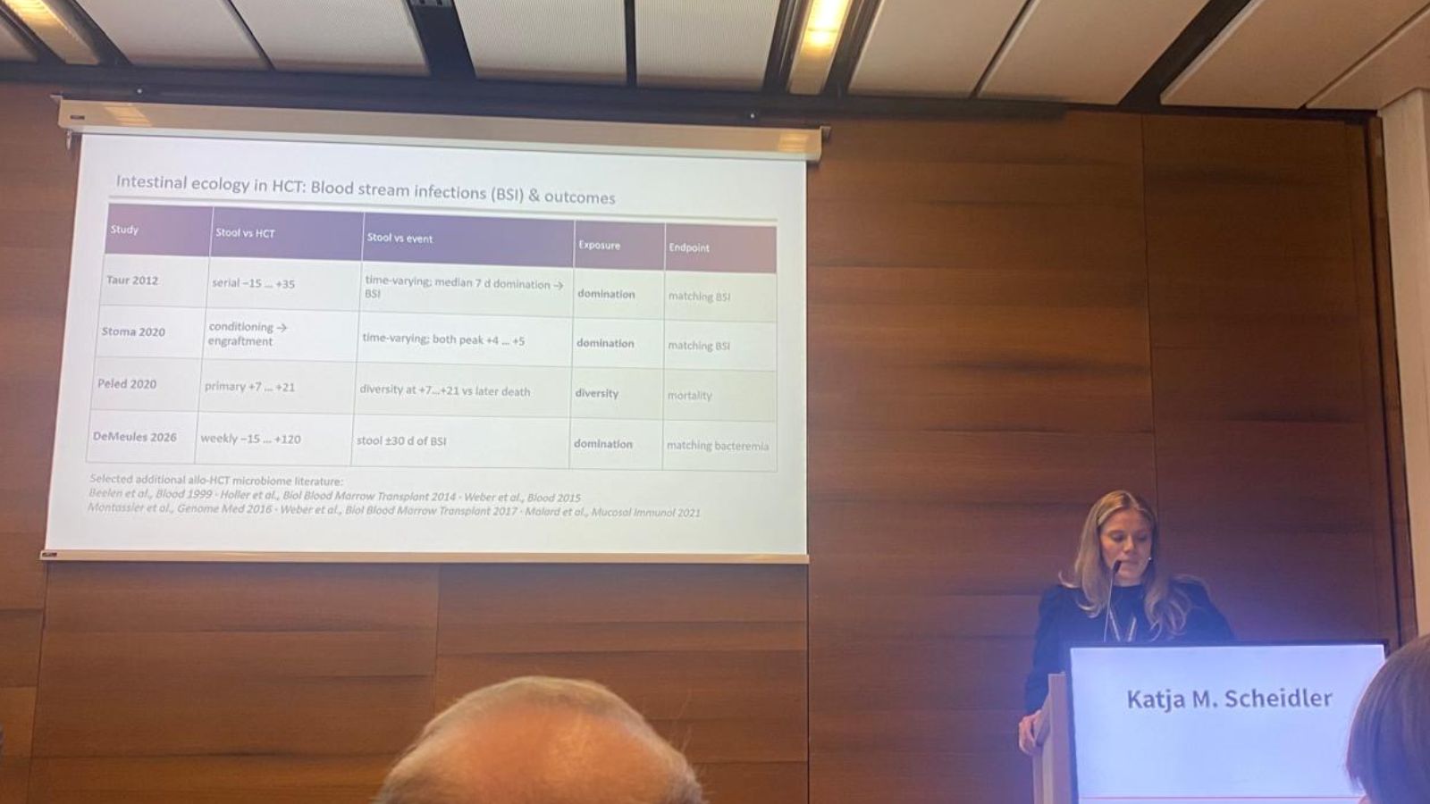 Katja Scheidler speaking at DGHO 2026 in Vienna, with a literature slide on intestinal ecology and bloodstream infection on the screen.